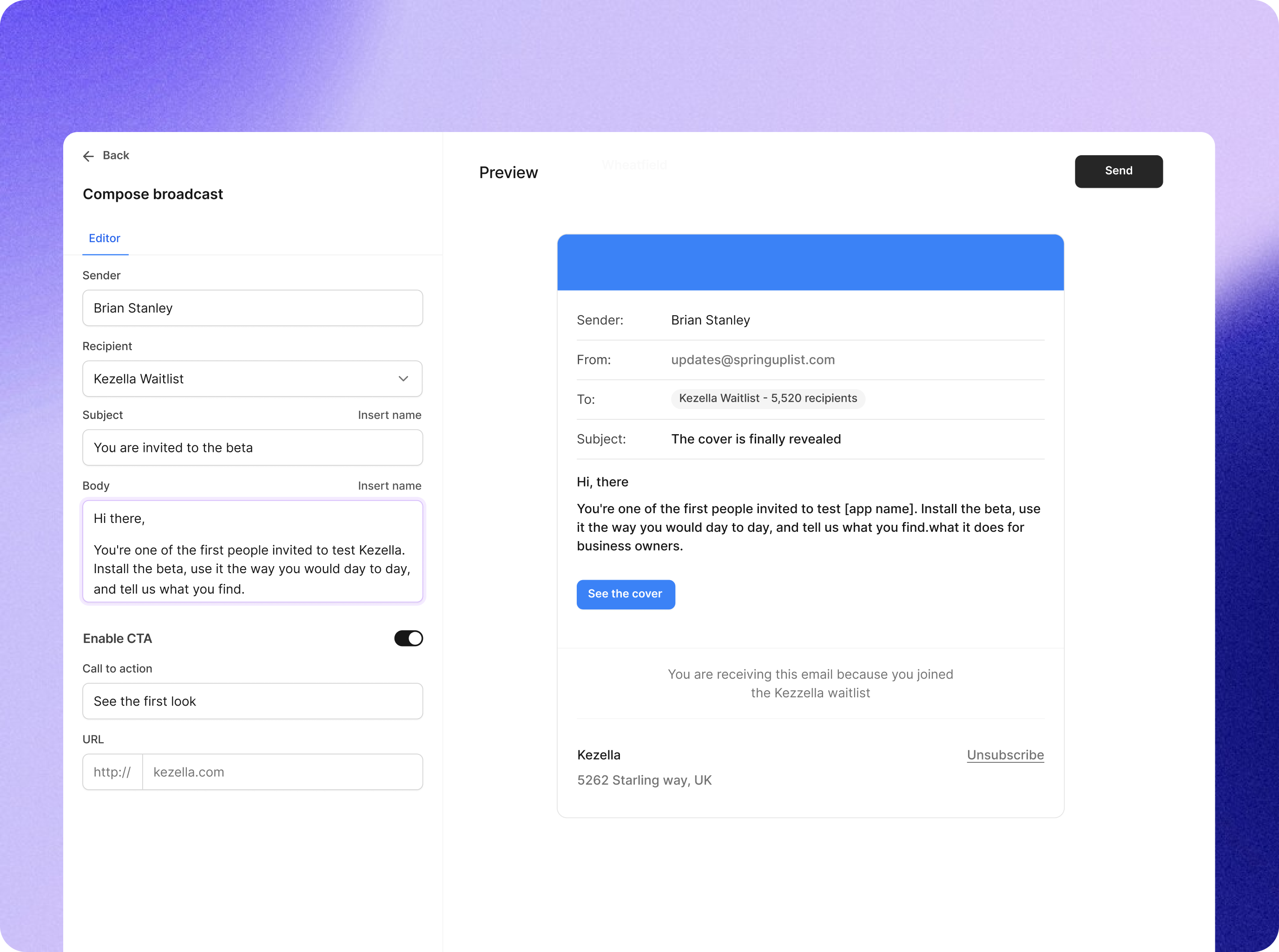Broadcast composer for app launch