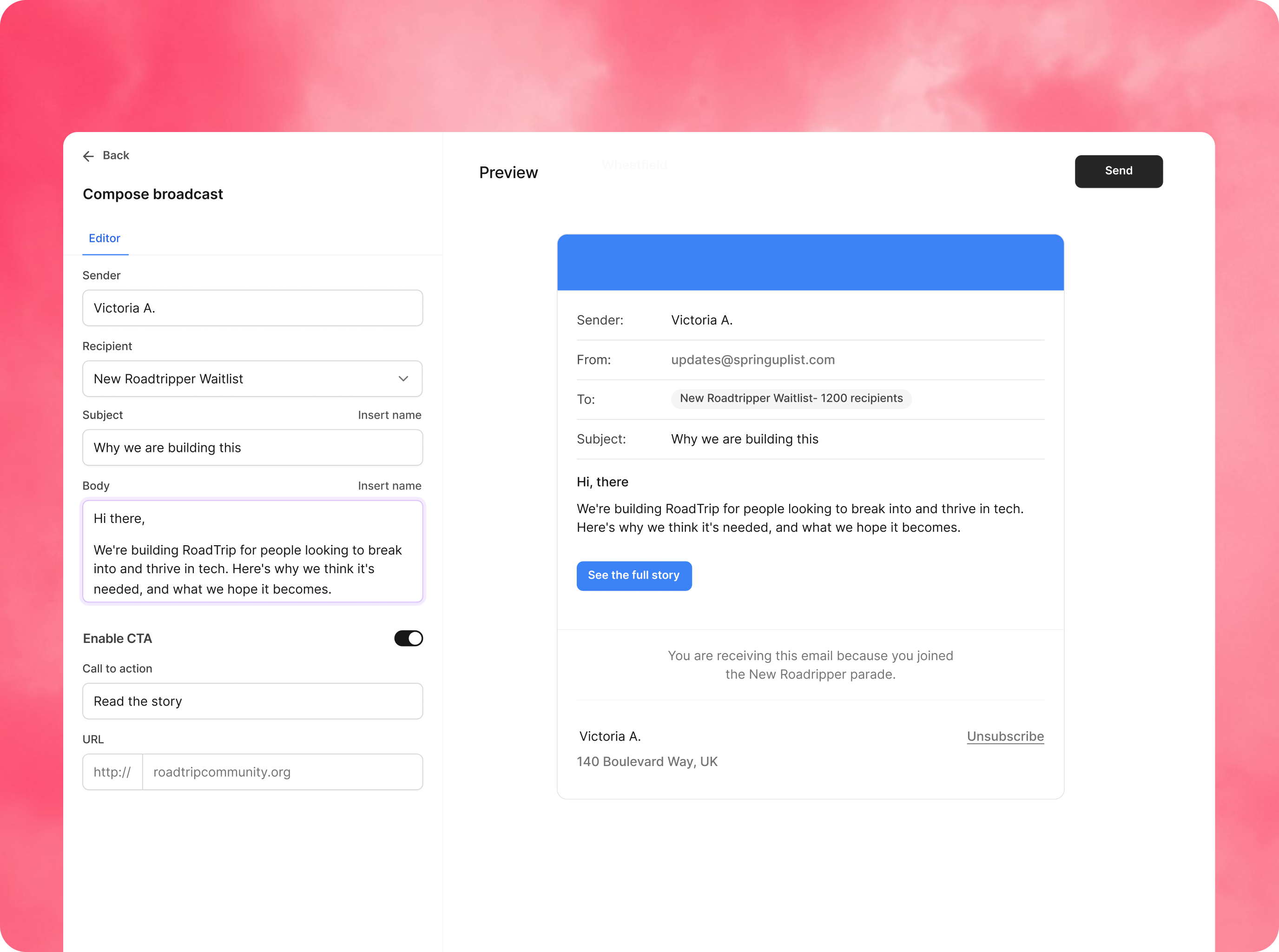 Broadcast composer for community launch