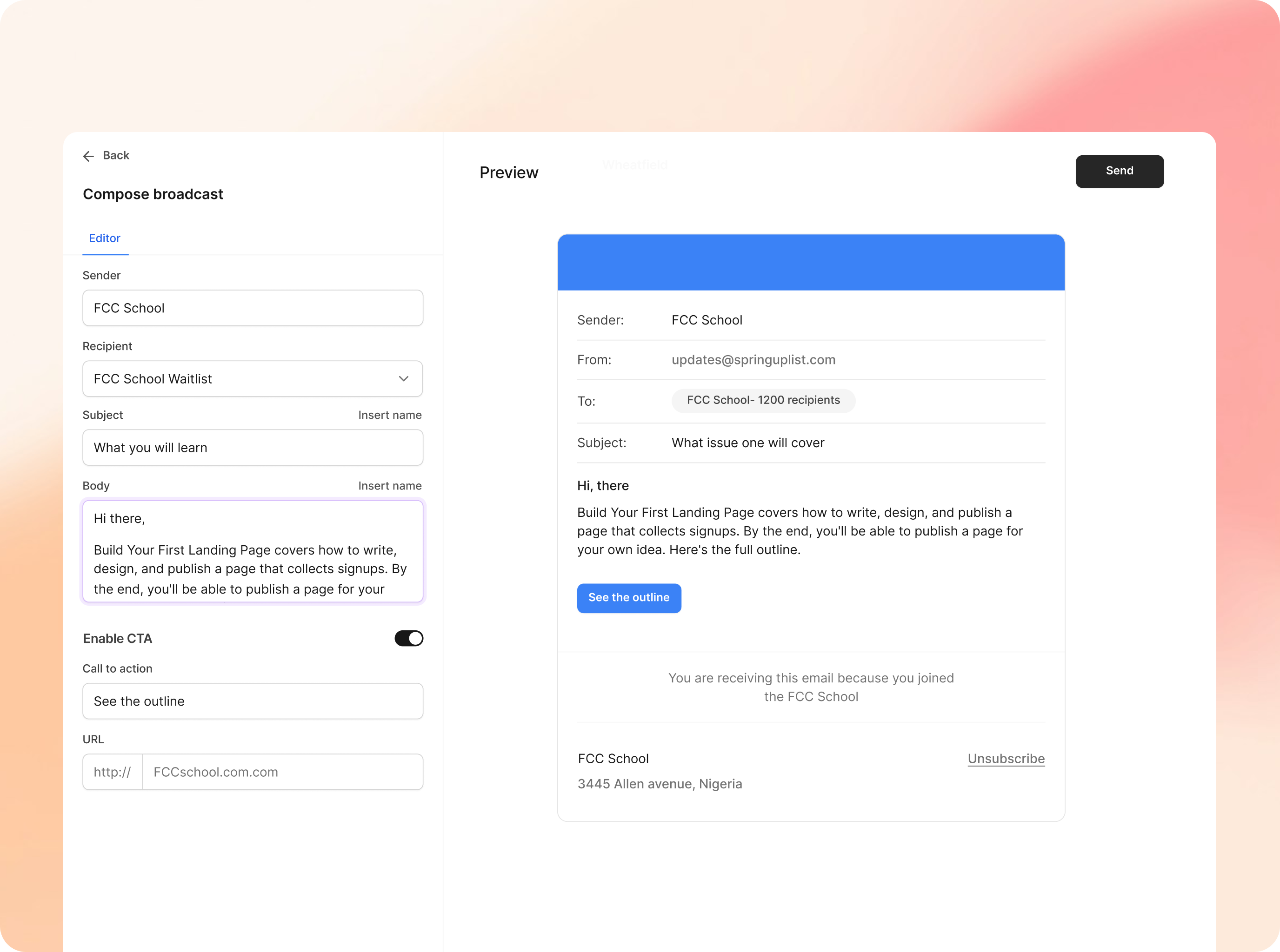 Broadcast composer for course launch