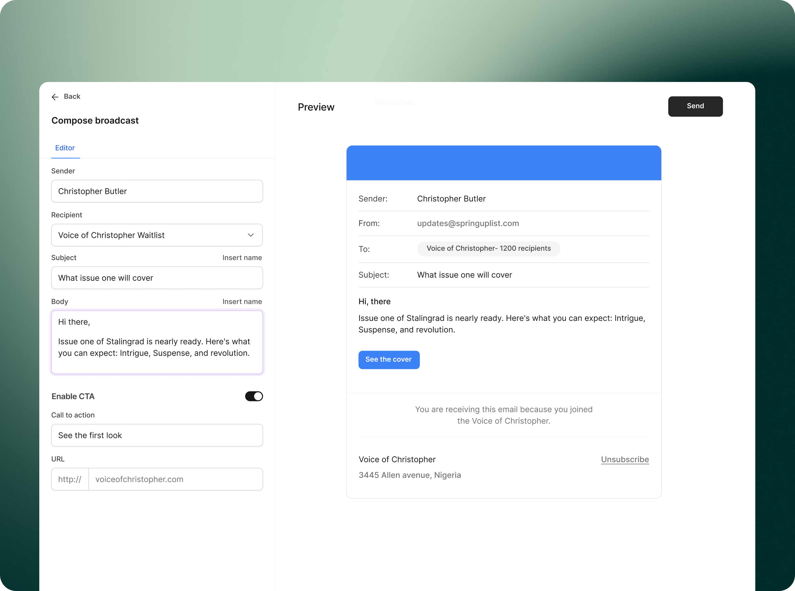 Broadcast composer for newsletter launch
