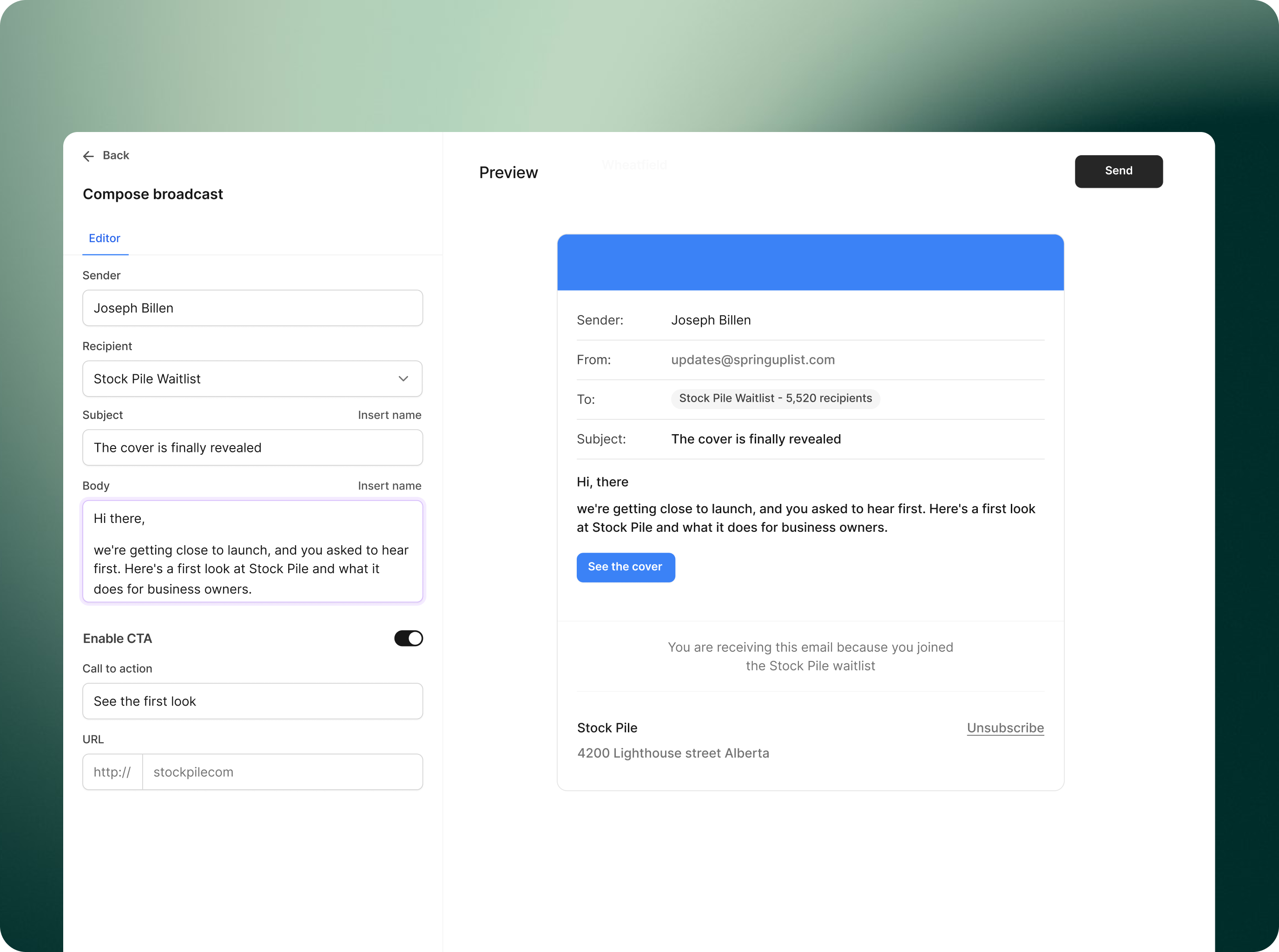Broadcast composer for product launch